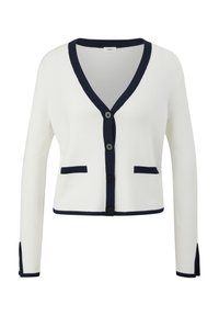 Witte cardigan met marineblauwe accenten, V-hals, knoopsluiting, twee voorzakken, lange mouwen en contrasterende afwerking langs de manchetten en de onderrand.