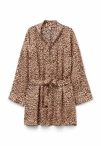 Leopardmönstrad morgonrock med långa ärmar, V-ringning och midjeband. Tillverkad av mjukt tyg med en beige bakgrund och mörkbruna fläckar.