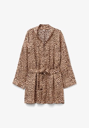 Leopardmönstrad morgonrock med långa ärmar, V-ringning och midjeband. Tillverkad av mjukt tyg med en beige bakgrund och mörkbruna fläckar.