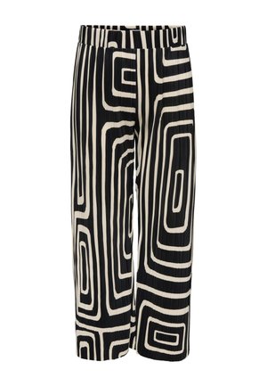 Kalhoty se širokými nohavicemi s abstraktními geometrickými vzory ve tvaru bludiště ve vertikálním a obdélníkovém uspořádání v černé a smetanové barvě, s elastickým pasem a nařasenou látkou.
