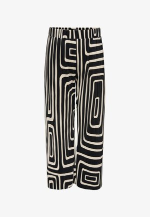 Wijde broek met zwart en crèmekleurige abstracte geometrische doolhofachtige verticale en rechthoekige patronen, elastische tailleband, geplooide stof.