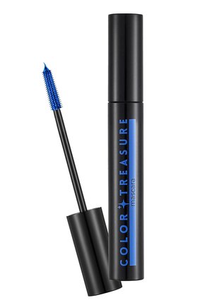 Black mascara tube with blue text "COLOR TREASURE mascara" and wand showing blue bristles with mascara product.