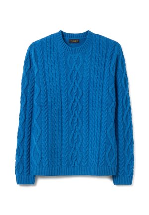 Blauwe gebreide trui met kabelpatronen, ronde hals, geribbelde manchetten en zoom. Gemaakt van een dikke, gestructureerde wolmix.