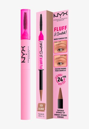 Stylo poudre à sourcils NYX Fluff & Snatch blond cendré avec brosse spoolie, embout en éponge effilé et photos avant/après sourcils sur l’emballage.