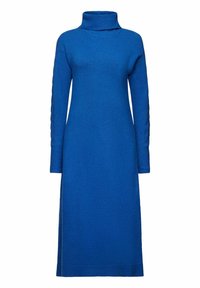 Robe pull à col roulé bleu royal, manches longues, longueur jusqu'aux genoux, coupe droite avec col et poignets côtelés.