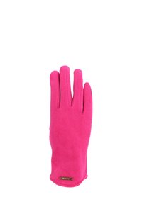 Guanto in suede rosa brillante con quattro dita e un piccolo cartellino metallico vicino al polso etichettato "FASHION" su uno sfondo bianco.