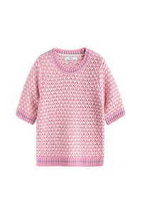 Short-sleeve sweater in pink and white, featuring textured knit pattern, ribbed crew neck, and striped cuffs with blue accents.