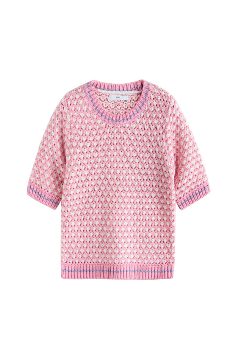 Short-sleeve sweater in pink and white, featuring textured knit pattern, ribbed crew neck, and striped cuffs with blue accents.