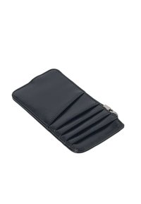 Portefeuille en cuir noir avec plusieurs fentes pour cartes, texture lisse et fermeture éclair. Design mince avec bords arrondis.