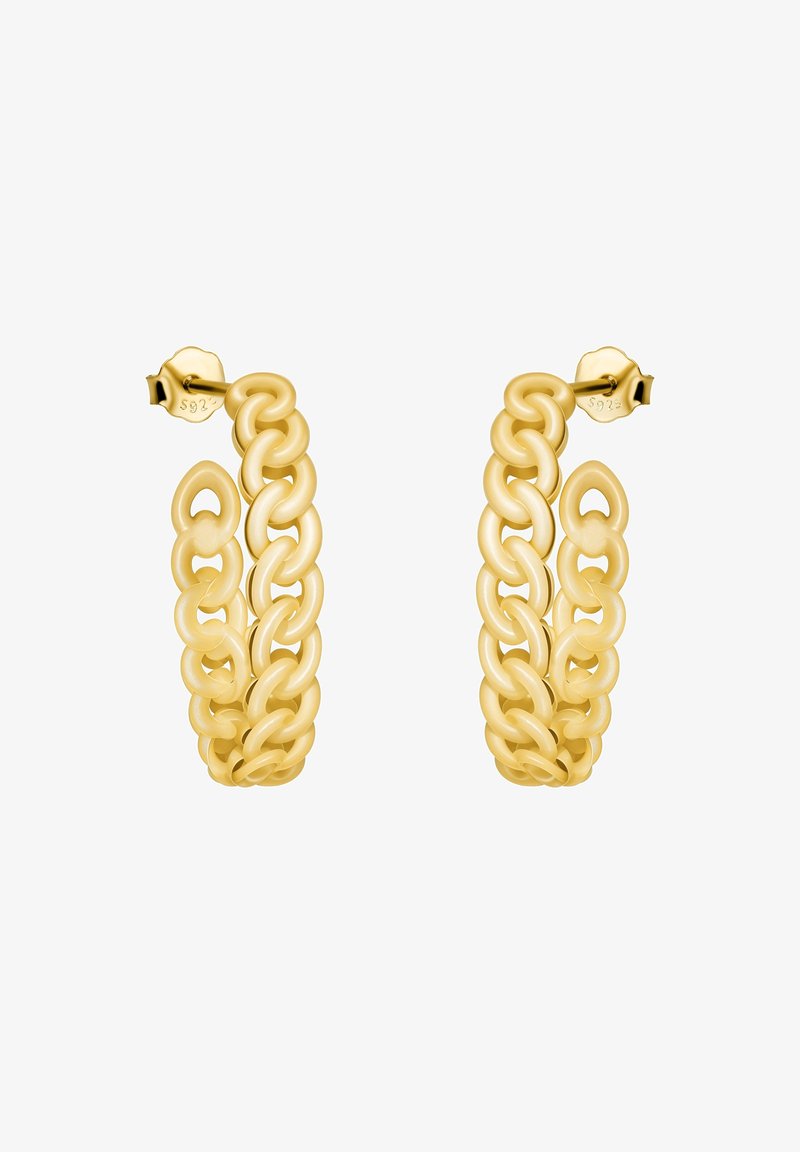 Boucles d'oreilles créoles dorées avec maillons de chaîne épais entrelacés et fermoirs clous, design élégant et contemporain.