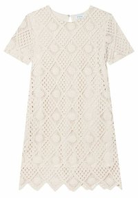 Lyhythihainen mekko vaaleassa beigevässä, jossa on kuviollinen pitsimuotoilu, joka esittää timanttimuotoja ja aallokkohelmaa. Avaus yksityiskohta selässä.