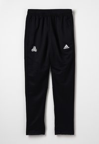 Schwarze Sportleggings aus weichem Material, mit slim-fit Schnitt, elastischem Bund, seitlichen Taschen und weißen Logoakzenten an den Hüften.