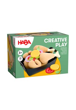 Das HABA Spielzeugset enthält 18 weiche, gefilzte Lebensmittelstücke in verschiedenen Formen: Hähnchenbeine, Gemüse und Obst, alle in leuchtenden Farben mit detaillierten Texturen.