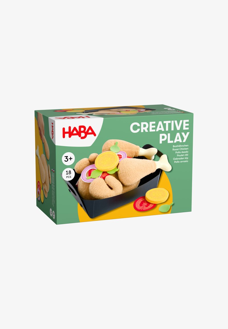 HABA toy set includes 18 soft, felt food pieces in diverse shapes: chicken legs, vegetables, and fruit, all in bright colors with detailed textures.