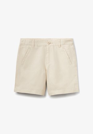 Pantaloni corti beige realizzati in tessuto leggero con una trama liscia. Presentano una chiusura con bottone, tasche laterali e un orlo dritto.