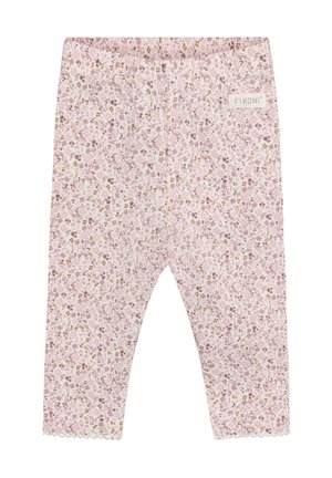 Rosa Baby-Leggings mit kleinem lila-braunem Blumenmuster und Spitzenbesatz am Knöchel, mit Fixoni-Aufdruck am Bund.