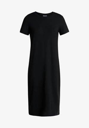 Robe noire mi-longue avec manches courtes et encolure ronde, présentée sur un fond blanc.