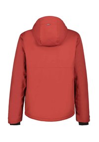 Chaqueta aislante roja con capucha, con un acabado suave y mate, puños elásticos y sin hardware ni patrones visibles. Se muestra la vista trasera.