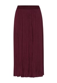 Gonna plissettata bordeaux con vita elasticizzata e design fluido. Il tessuto ha una consistenza morbida e arriva sotto il ginocchio.
