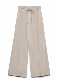 Pantalons larges de couleur beige clair avec une taille élastique et un cordon de serrage. Texture douce avec des lignes épurées et sans motifs ni accents visibles.