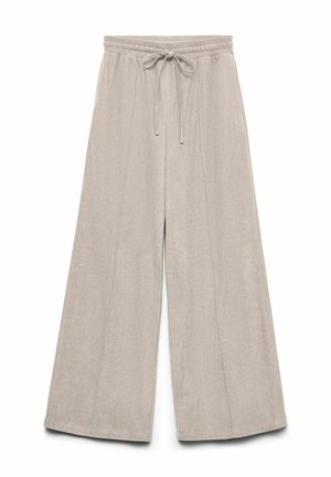 Pantalones anchos de color beige claro con cintura elástica y cordón. Textura suave con líneas limpias y sin patrones ni acentos visibles.