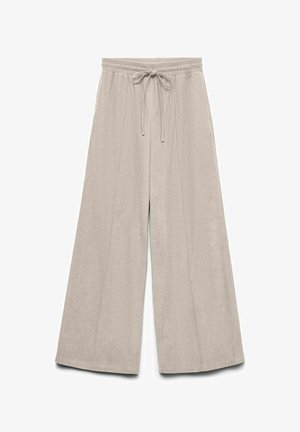 Ljusbeiga byxor med vida ben, elastisk midja och dragsko. Mjuk textur med rena linjer och inga synliga mönster eller detaljer.