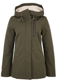 Veste imperméable vert olive avec capuche, doublure en polaire, poche zippée à l'avant, cordons de serrage et poches latérales doubles. Présente des coutures contrastées.