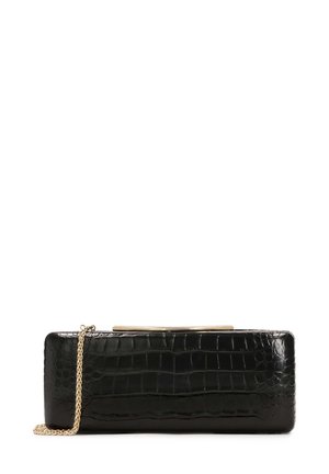 Borsa a tracolla in ecopelle di coccodrillo nera con chiusura e catena dorate, forma rettangolare, texture liscia e finitura lucida.