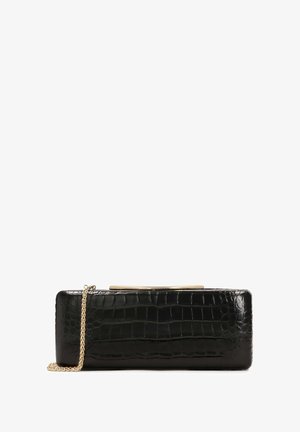 Borsa a tracolla in ecopelle di coccodrillo nera con chiusura e catena dorate, forma rettangolare, texture liscia e finitura lucida.