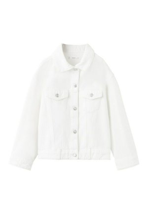 Giacca in denim bianco con chiusura anteriore a bottoni, due tasche sul petto con patta, maniche lunghe e colletto classico.