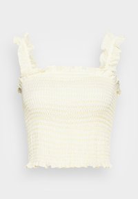 Top curto amarelo com franzido, apresentando alças com babados e uma superfície texturizada. O material é leve e possui um ajuste elástico.