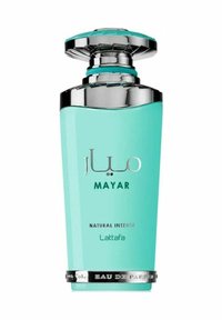 Transparent turkos parfymflaska med ett silverlock, som har varumärket "Mayar" och "Natural Intense" i kontrasterande text.