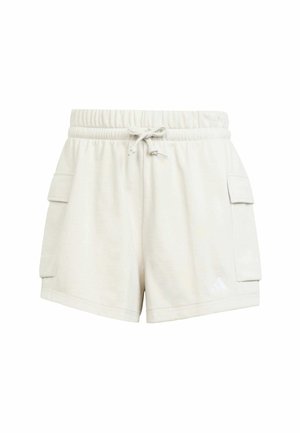 Pantalones cortos cargo beige claro hechos de una tela suave, con una cinturilla elástica con cordón y dos bolsillos laterales. Logotipo de Adidas en el dobladillo.