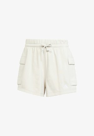 Světle béžové cargo šortky vyrobené z měkké tkaniny, s elastickým pasem a stahovací šňůrkou, a dvěma postranními kapsami. Logo Adidas na lemu.