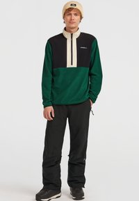 Grön och svart fleece-pullover med krämfärgade detaljer och en kvartdragkedja. Matchas med svarta byxor och bruna skor. Bär en beige mössa.