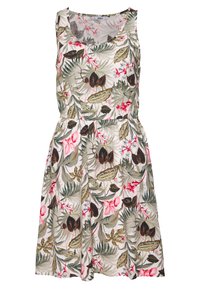 Robe sans manches à motifs floraux avec une taille ajustée, présentant un mélange de feuilles vertes et de fleurs roses sur un fond clair. Tissu léger.