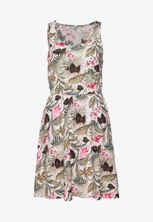 Kukallinen ilman hihoja mekko, jossa on muotoiltu vyötärö, ja siinä on sekoitus vihreitä lehtiä ja vaaleanpunaisia kukkia vaalealla taustalla. Kevyt kangas.