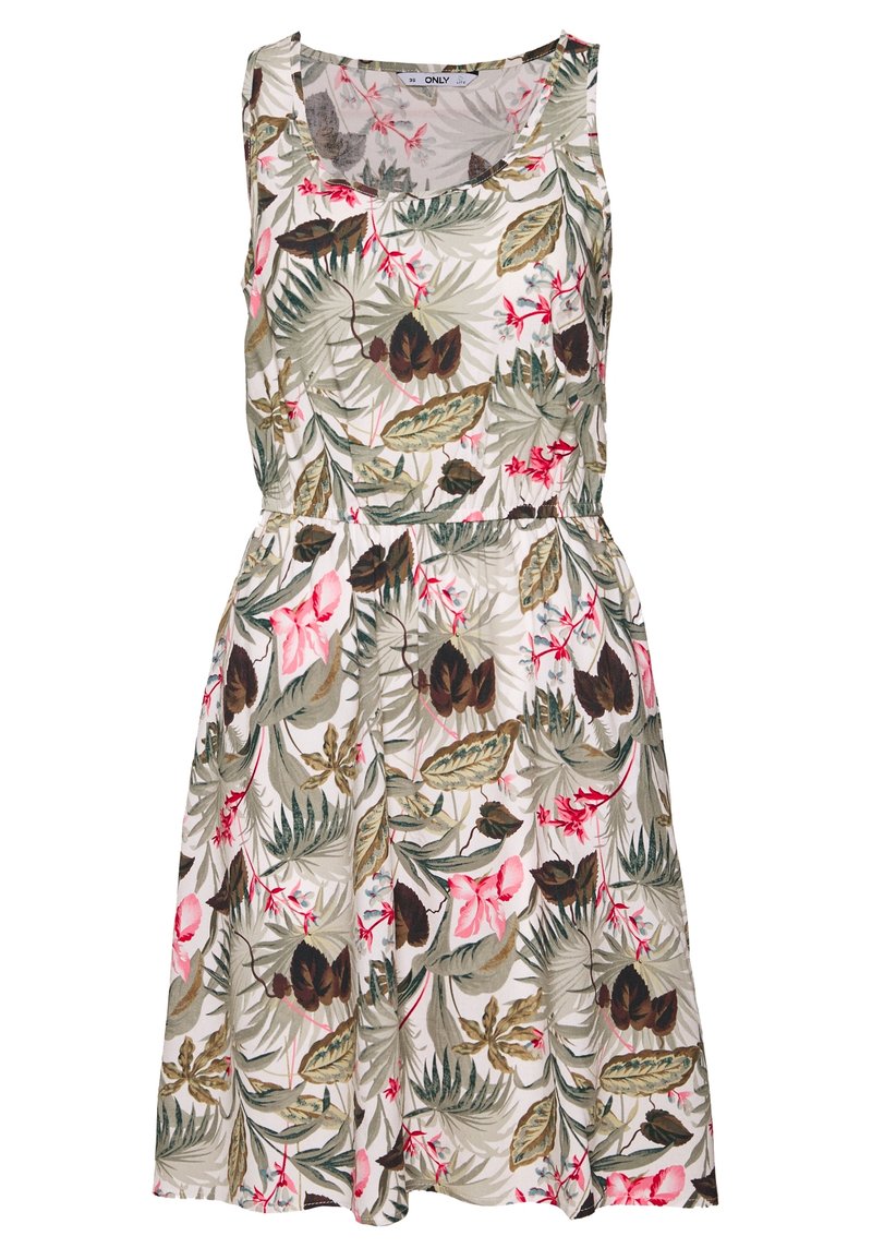 Robe sans manches à motifs floraux avec une taille ajustée, présentant un mélange de feuilles vertes et de fleurs roses sur un fond clair. Tissu léger.