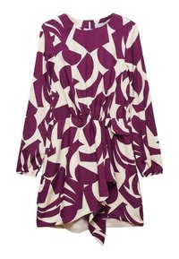 Robe imprimée violette et crème avec des manches longues, taille cintrée et un détail noué sur le côté. Tissu lisse avec un motif abstrait.