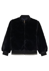Svart fuskpälsjacka med dragkedja fram, ribbade ärmslut och midjeband. Har en hög krage och mjuk textur. Slät foder inuti.