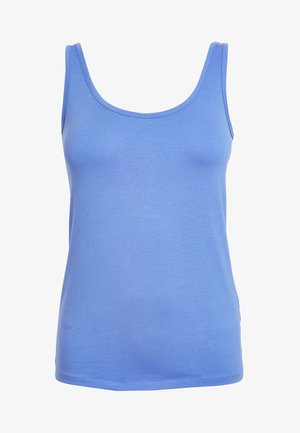 Niebieski bawełniany top na ramiączkach z okrągłym dekoltem i wąskimi ramiączkami. Posiada gładką teksturę i dopasowany krój.
