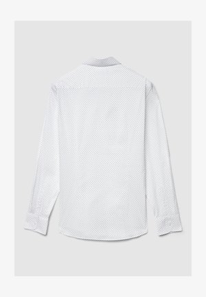 Weißes Hemd mit langen Ärmeln, kleinen schwarzen Punkten, Knopfmanschetten und klassischem Kragen. Glatter Stoff mit tailliertem Schnitt.