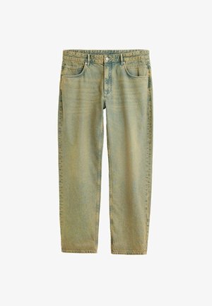 Hele sinised teksapüksid sirge säärega. Omavad õmmeldud detaile, viit taskut ning nööpi lukuga.