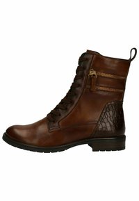 Bottines en cuir marron avec un motif crocodile texturé sur le talon, dotées de lacets et de deux zippers décoratifs sur les côtés.