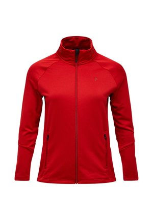 Giacca rossa con zip e collo alto, realizzata in tessuto liscio. Presenta due tasche laterali e un logo discreto sul petto. Maniche lunghe.