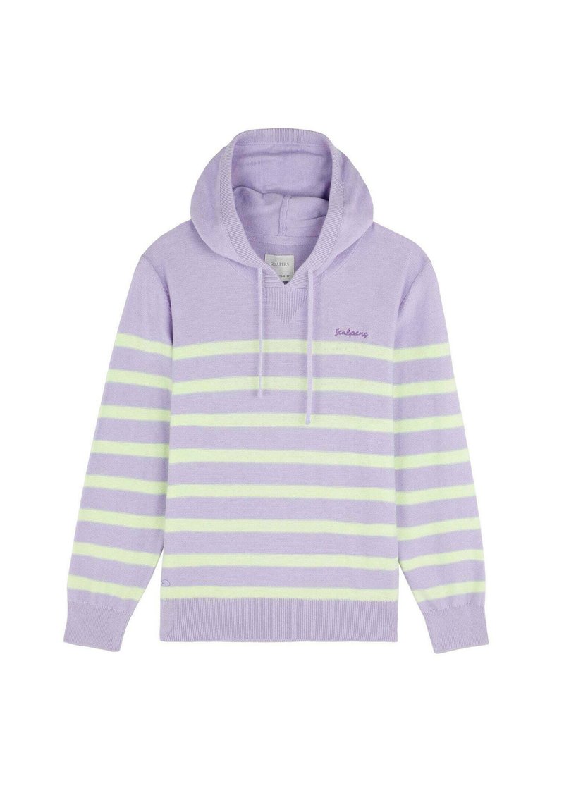 Lila hoodie gemaakt van zacht materiaal met horizontale neongroene strepen. Het heeft een capuchon met trekkoord en een klein geborduurd logo op de borst.