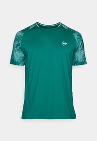 Türkisfarbendes Sport-T-Shirt mit kurzen Ärmeln. Mit einem strukturierten grafischen Muster an den Ärmeln, rundem Ausschnitt und einem Logo auf der Brust.