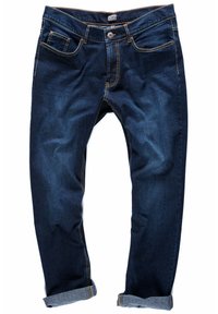 Jeans blu scuro con taglio dritto, cinque tasche e orli risvoltati. Realizzati in denim con cuciture gialle a contrasto. Chiusura con bottone in vita.