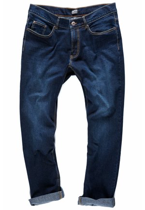 Mørkeblå jeans med lige ben, fem lommer og opbrettede kanter. Fremstillet af denim med kontrasterende gul syning. Knaplukning i taljen.