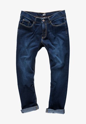 Ciemnoniebieskie dżinsy o prostym kroju, pięcioma kieszeniami i mankietami. Wykonane z denimu z kontrastującymi, żółtymi przeszyciami. Zapięcie na guzik w pasie.